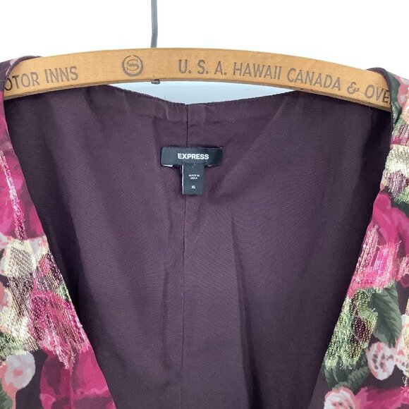 EXPRESS Women's Maxi Dress XL Floral Metallic Tiered Sheer Sleeve V-Neck - Picture 4 of 5